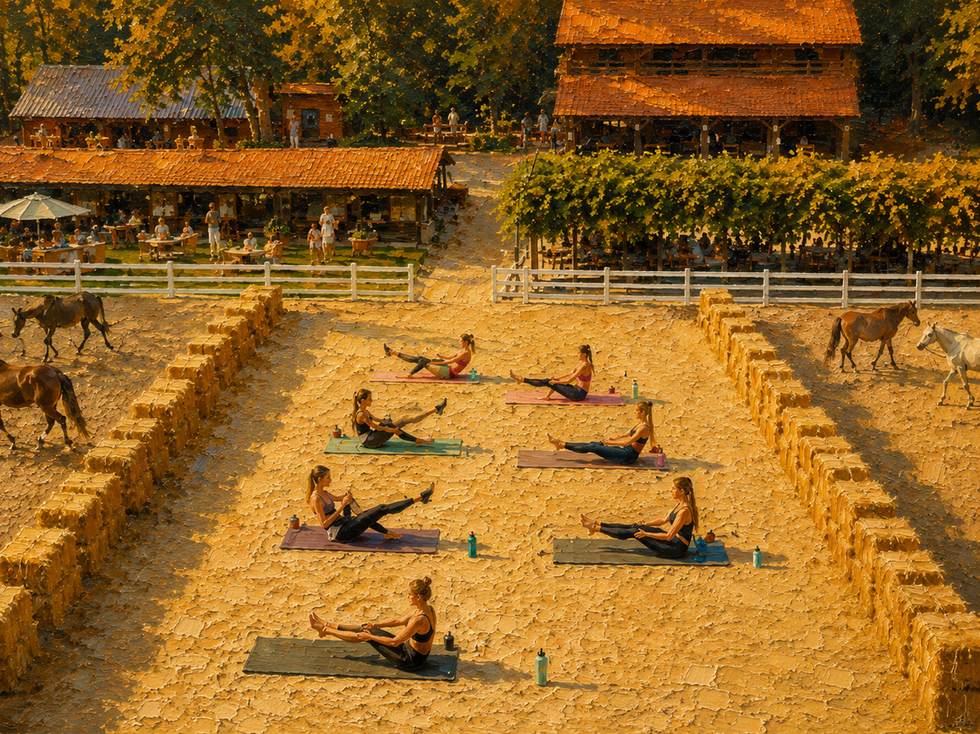 Vedere de sus a sesiunii de pilates în arenă la sunset
