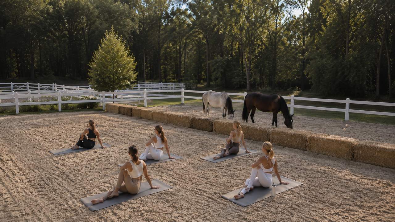 Femei făcând pilates pe saltele în arenă, cu cai în spatele baloților de fân, la sunset
