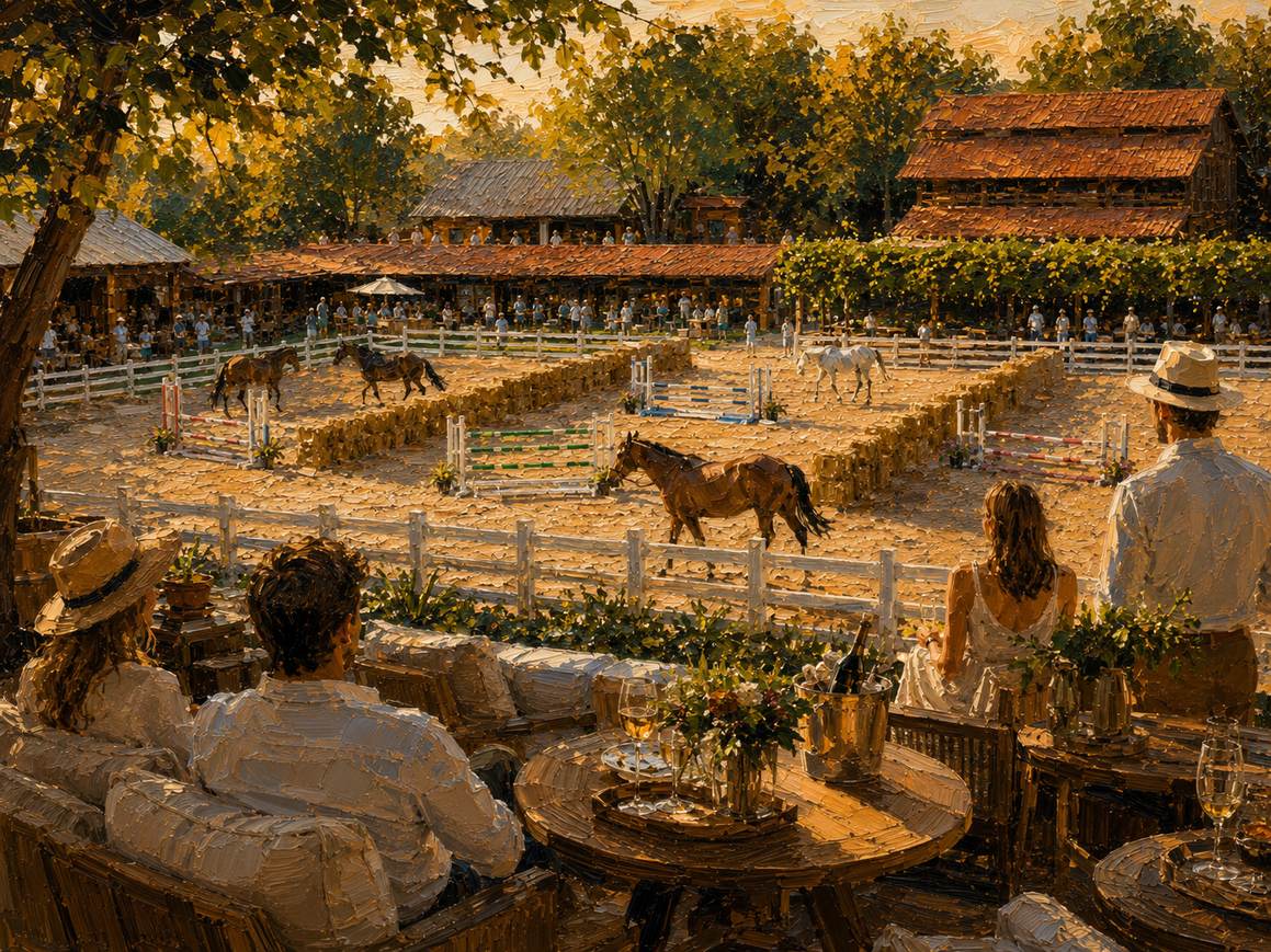 Invitați urmărind caii în arena de la Eden Ranch la sunset