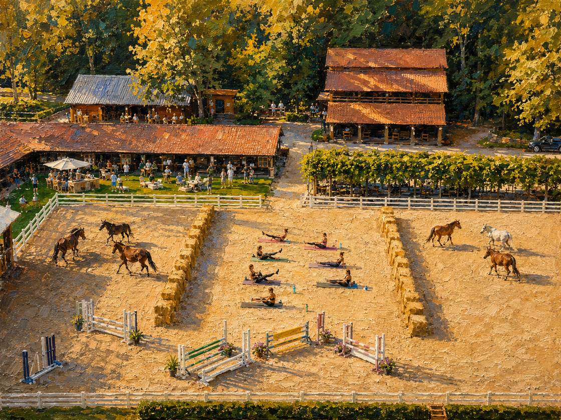 Vedere de ansamblu a arenei de la Eden Ranch la sunset, cu saltele de pilates și cai